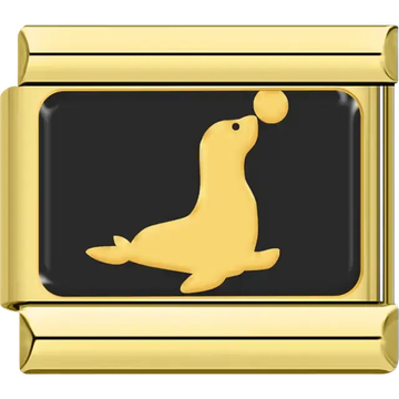 Gold seal balancing ball on black background Italian charm bracelet link