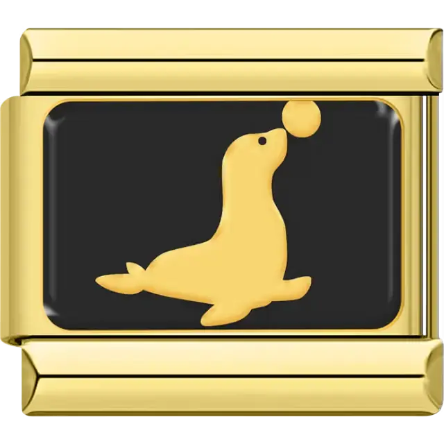 Gold seal balancing ball on black background Italian charm bracelet link