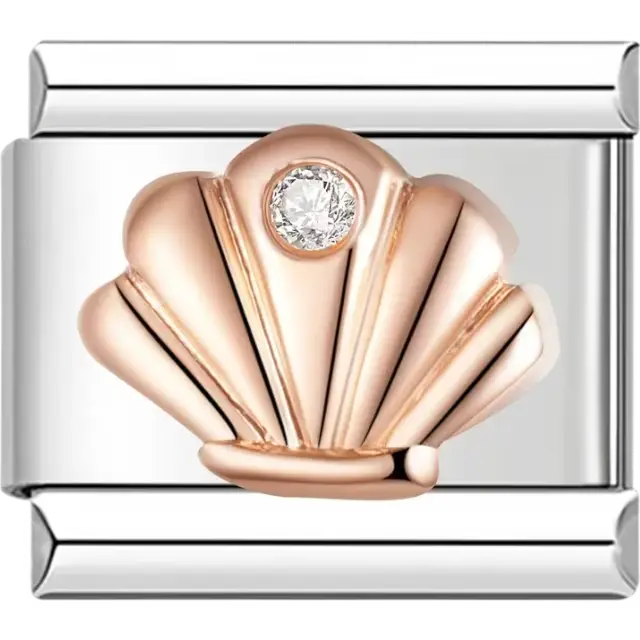 Gold shell design with a clear diamond stone Italian charm bracelet link