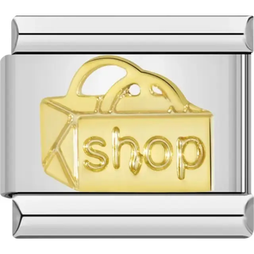 Gold shopping bag design with the word shop Italian charm bracelet link