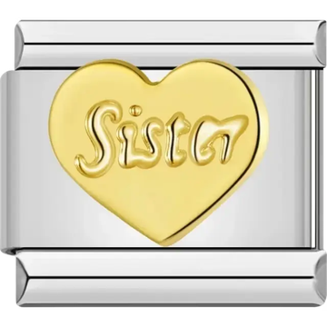Gold heart design with embossed "Sister" text Italian charm bracelet link
