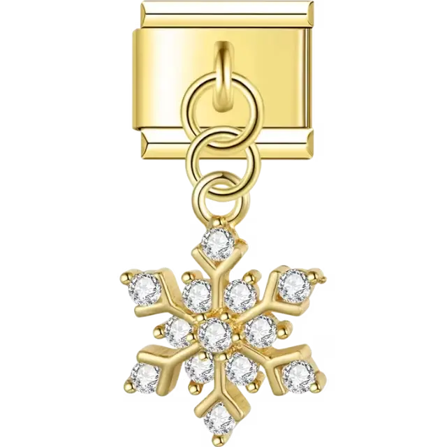 Gold snowflake with clear gemstone accents and dangle loop detail Italian charm bracelet link