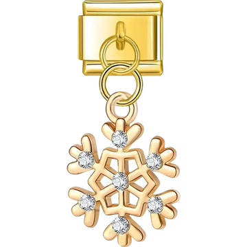 Gold snowflake with crystal accents in a dangle design Italian charm bracelet link