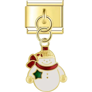 Gold snowman with a red scarf green star white body and gold hat Italian charm bracelet link