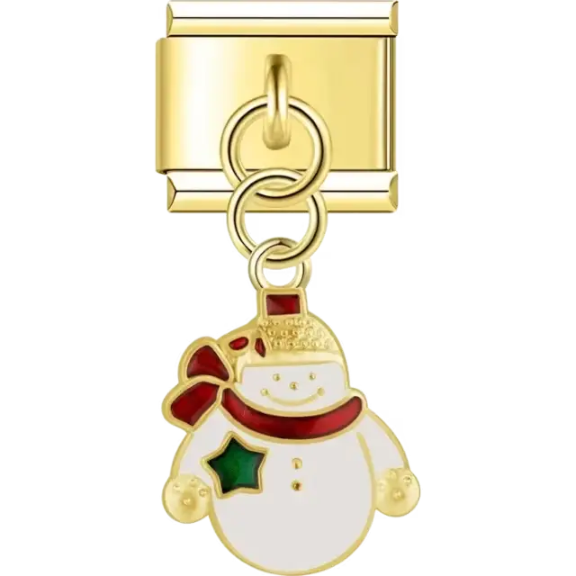 Gold snowman with a red scarf green star white body and gold hat Italian charm bracelet link