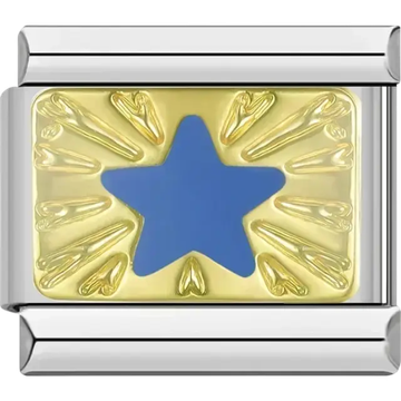 Gold embossed star design with a blue center on a rectangular Italian charm bracelet link