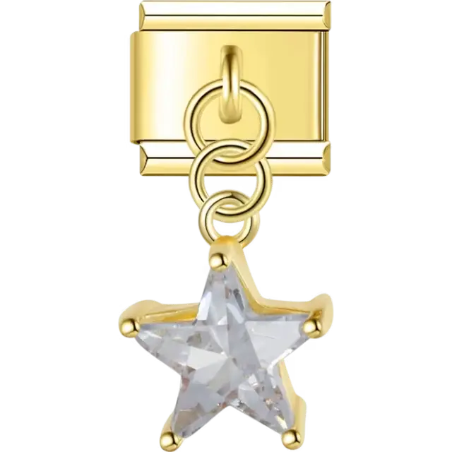 Gold-outlined clear star gemstone with dangle loop design Italian charm bracelet link