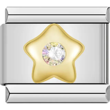 Gold star with central clear gemstone Italian charm bracelet link