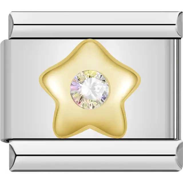 Gold star with central clear gemstone Italian charm bracelet link