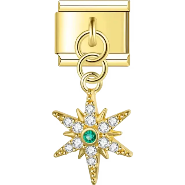 Gold starburst with clear gemstone accents and central green gemstone Italian charm bracelet link