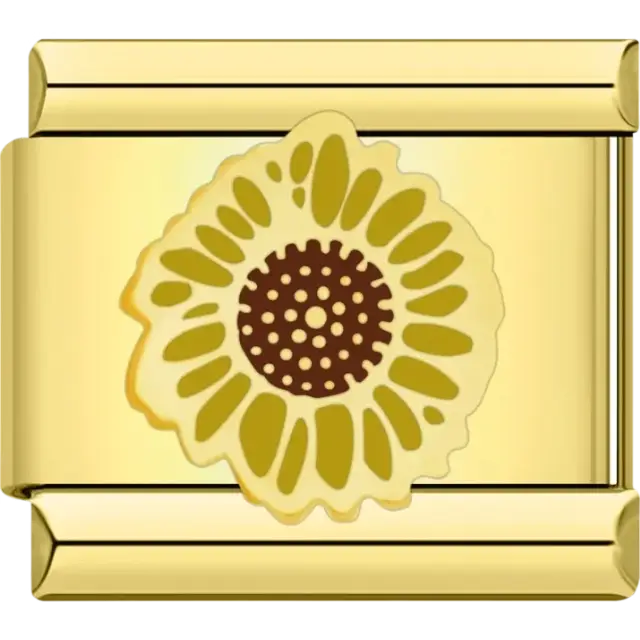 Gold sunflower with intricate petal design on Italian charm bracelet link