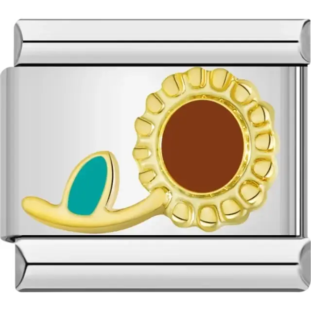 Gold sunflower design featuring a brown center and a turquoise leaf Italian charm bracelet link