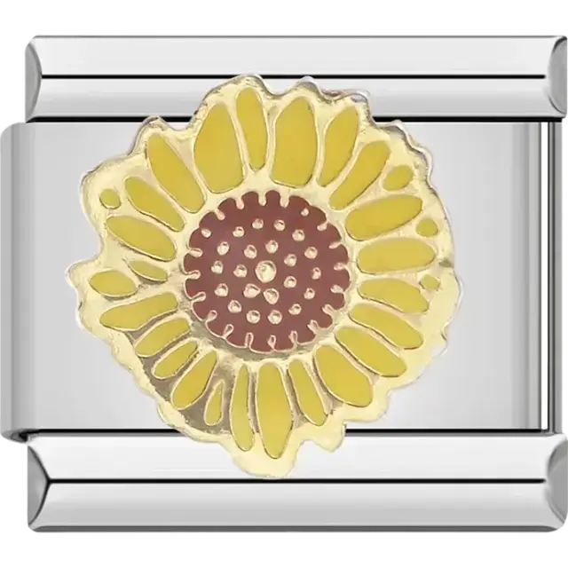 Gold sunflower with intricate petal design on Italian charm bracelet link