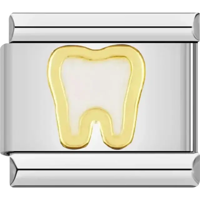 Gold and white tooth design on a stainless steel base Italian charm bracelet link
