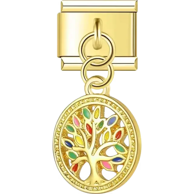 Gold dangling tree of life with multicolored leaves in an oval frame Italian charm bracelet link