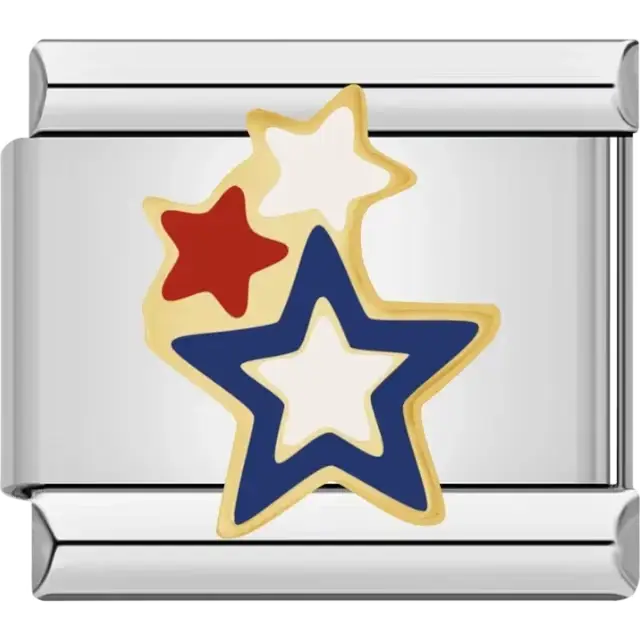 Gold-outlined charm featuring three stars in red, white, and blue Italian charm bracelet link