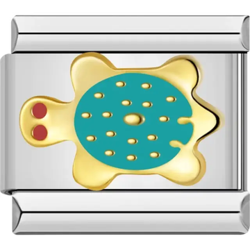 Gold turtle design with a teal shell and red eye accents Italian charm bracelet link