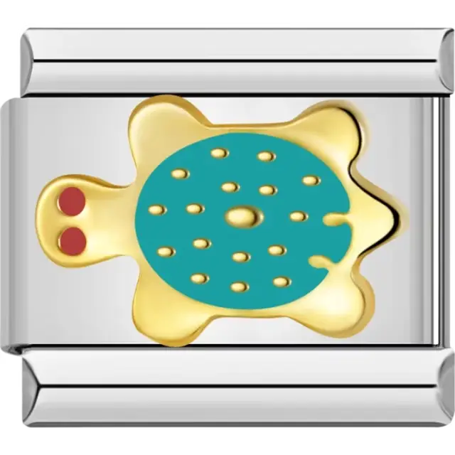 Gold turtle design with a teal shell and red eye accents Italian charm bracelet link