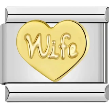 Gold heart design with embossed "Wife" text Italian charm bracelet link