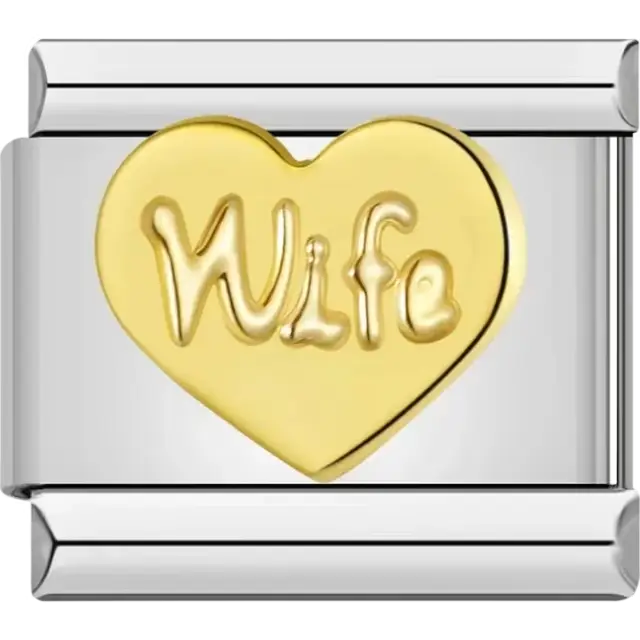 Gold heart design with embossed "Wife" text Italian charm bracelet link