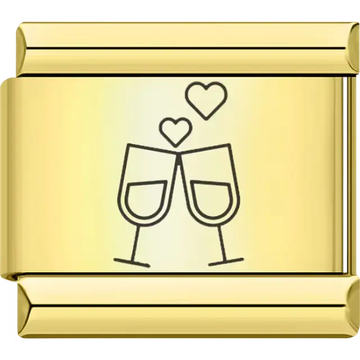 Gold wine glasses toasting with hearts Italian charm bracelet link