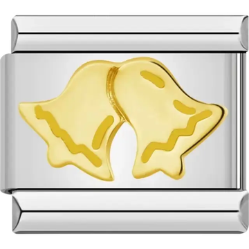 Gold-tone design featuring two bells with wavy line details Italian charm bracelet link