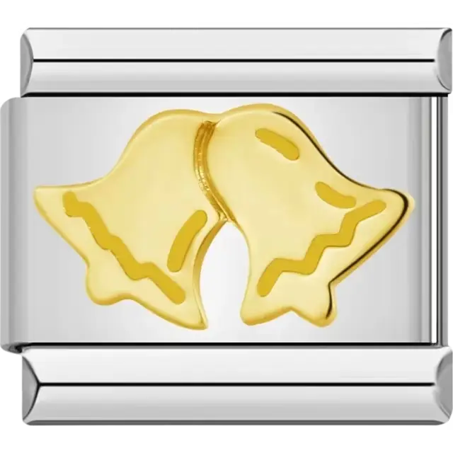 Gold-tone design featuring two bells with wavy line details Italian charm bracelet link