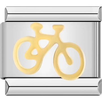 Gold bicycle design on a stainless steel Italian charm bracelet link