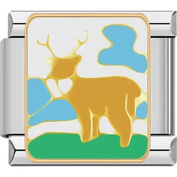 Golden deer in a nature scene with green grass, blue sky, and white clouds Italian charm bracelet link