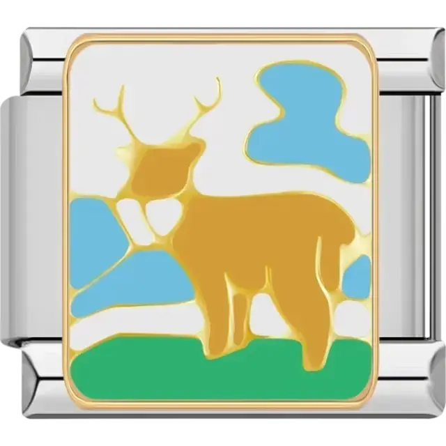 Golden deer in a nature scene with green grass, blue sky, and white clouds Italian charm bracelet link
