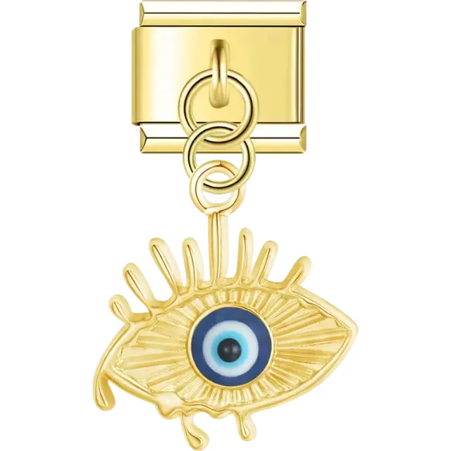 Gold dangling eye-shaped design with a blue and white evil eye in the center Italian charm bracelet link