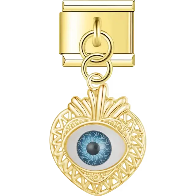 Gold dangling heart-shaped design with a blue evil eye in the center and intricate geometric detailing Italian charm bracelet link