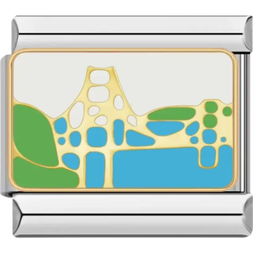 Artistic Golden Gate Bridge design with gold detailing over blue and green accents Italian charm bracelet link