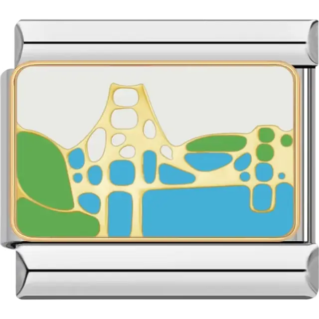 Artistic Golden Gate Bridge design with gold detailing over blue and green accents Italian charm bracelet link