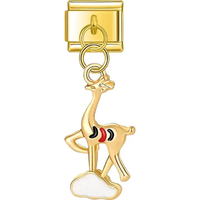 Gold giraffe with red and black markings standing on a white cloud dangle design Italian charm bracelet link