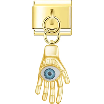 Gold dangling hand with a detailed blue eye in the center Italian charm bracelet link