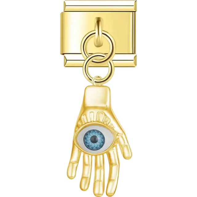 Gold dangling hand with a detailed blue eye in the center Italian charm bracelet link