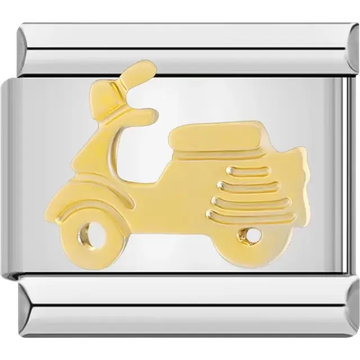 Gold scooter design on a stainless steel Italian charm bracelet link
