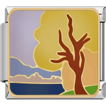 Landscape with a brown tree golden yellow leaves blue sky and water Italian charm bracelet link