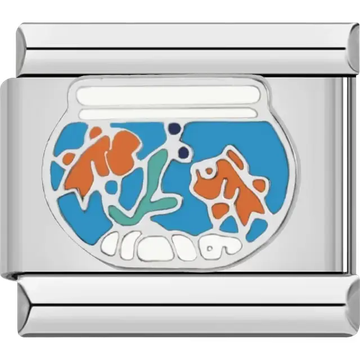 Orange goldfish design in a blue bowl with green and white details Italian charm bracelet link