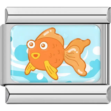 Orange goldfish with a light blue ocean wave background Italian charm bracelet link