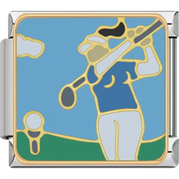 Gold-outlined golfer in a blue shirt and white pants swinging a club with green grass and blue sky background Italian charm bracelet link