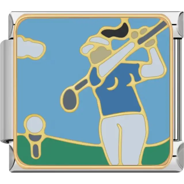 Gold-outlined golfer in a blue shirt and white pants swinging a club with green grass and blue sky background Italian charm bracelet link
