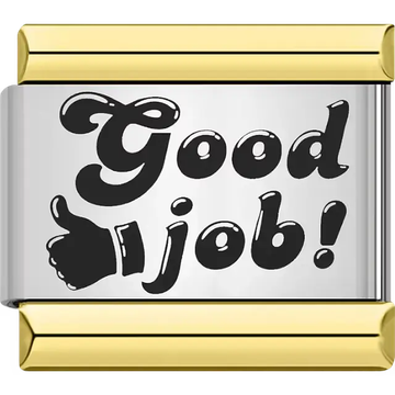 Black text "Good job!" thumbs up gold trim Italian charm bracelet link