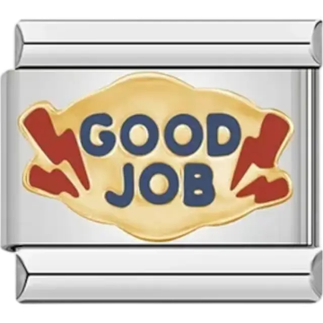 Gold "Good Job" text with red lightning bolt design Italian charm bracelet link