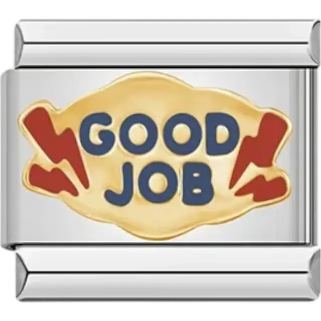 Gold "Good Job" text with red lightning bolt design Italian charm bracelet link