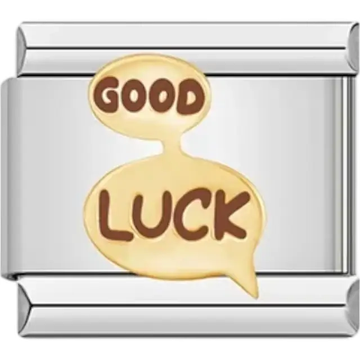 Gold "GOOD LUCK" text in a speech bubble design Italian charm bracelet link