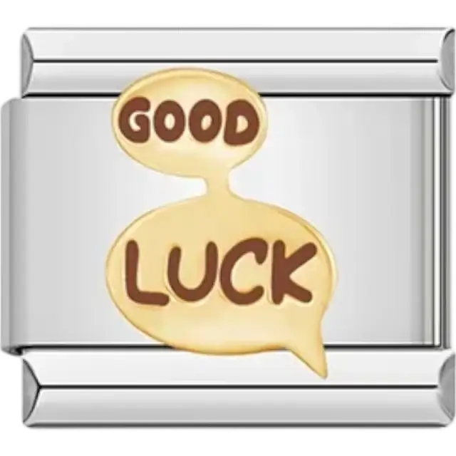 Gold "GOOD LUCK" text in a speech bubble design Italian charm bracelet link