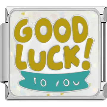 Yellow "Good Luck!" text with green ribbon and sparkly white background Italian charm bracelet link
