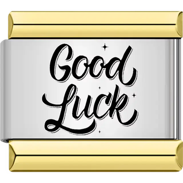 Black text "Good Luck" stars gold trim Italian charm bracelet link